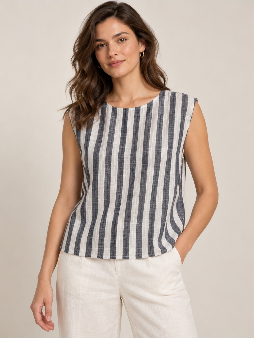 Wonderly Striped Sleeveless Linen Top - Navy & White
